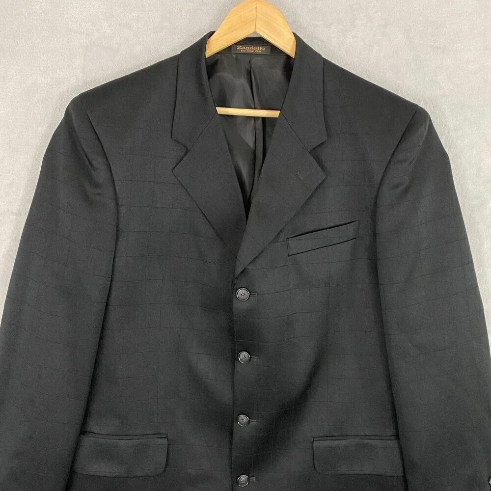 Zandello Blazer Men's Size 42L Black Plaid Suit Jacket‎ Sport Coat Ventless